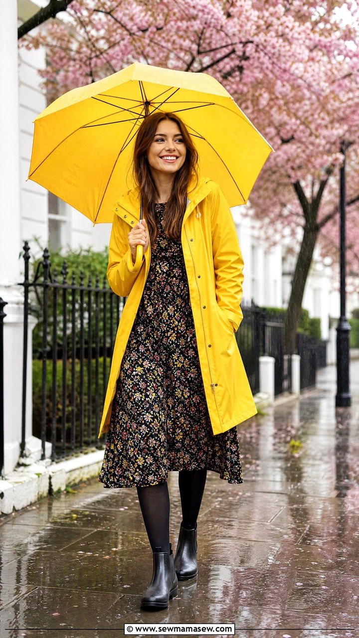 Raincoat With Floral Dress and Tights - 30 rainy day outfits casual
