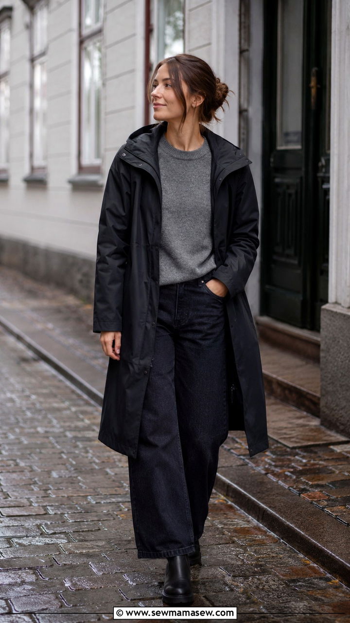 Raincoat With Knit Layer And Wide Leg Jeans - 30 casual scandinavian outfits