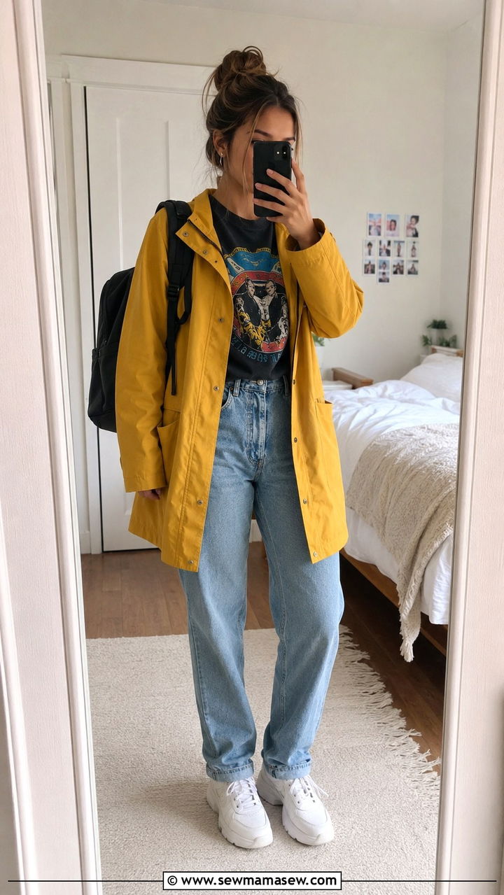 Raincoat and Graphic Tee School Outfit - 30 Rainy day school outfit ideas