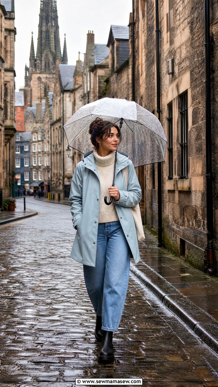 Raincoat and barrel jeans casual - 30 Edinburgh outfit ideas