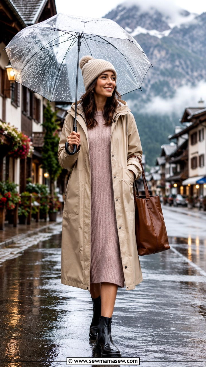Raincoat and knit dress with waterproof boots - 25 Modest outfit ideas for mountain trip