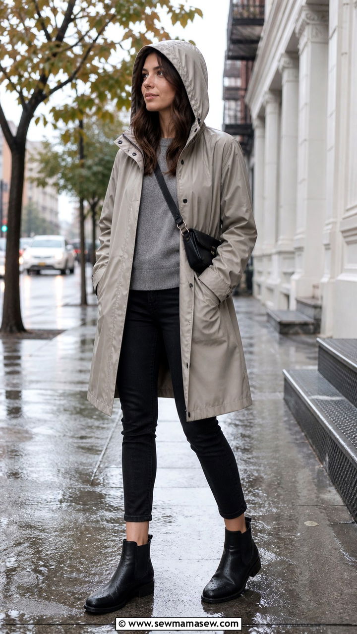 Raincoat and waterproof boots rainy travel outfit - 40 travel outfits for women