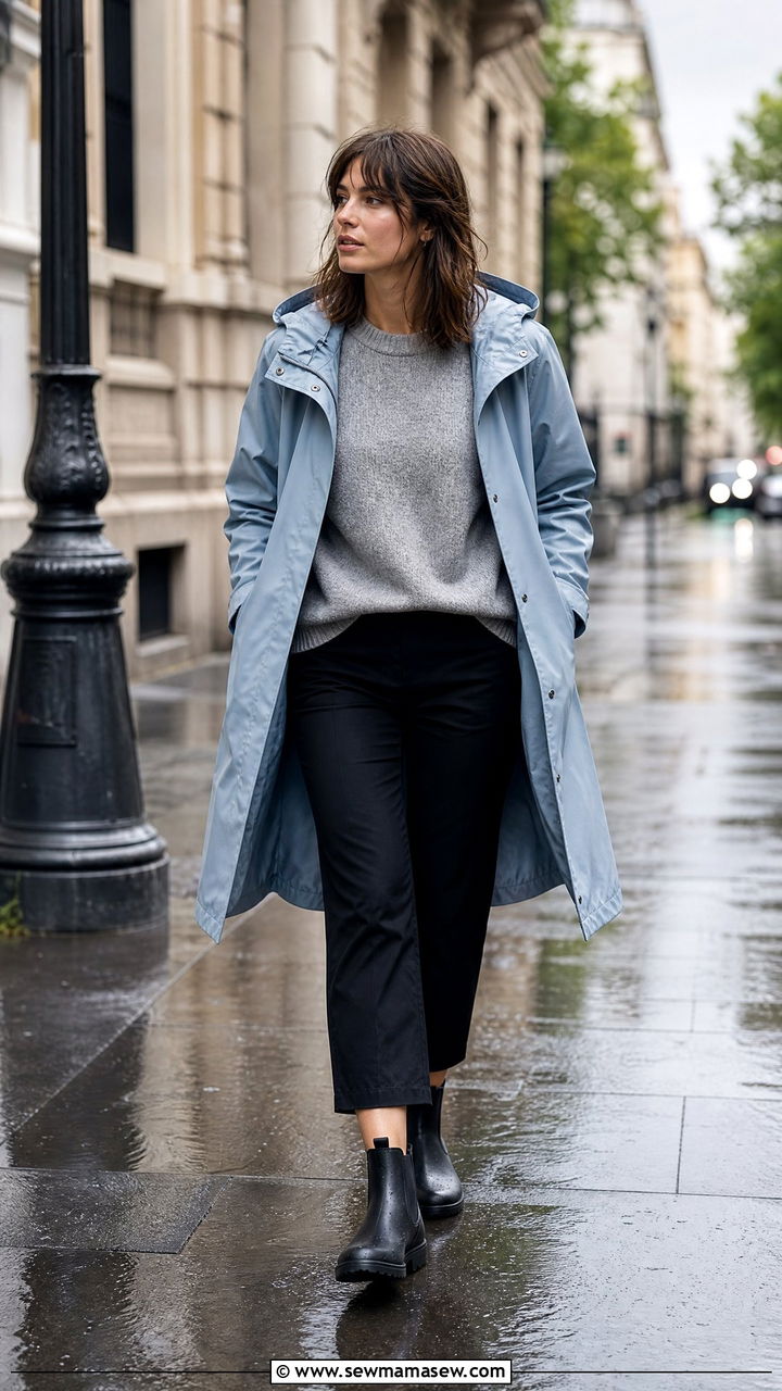 Raincoat layered over knitwear outfit - 35 Layering outfits for changing weather