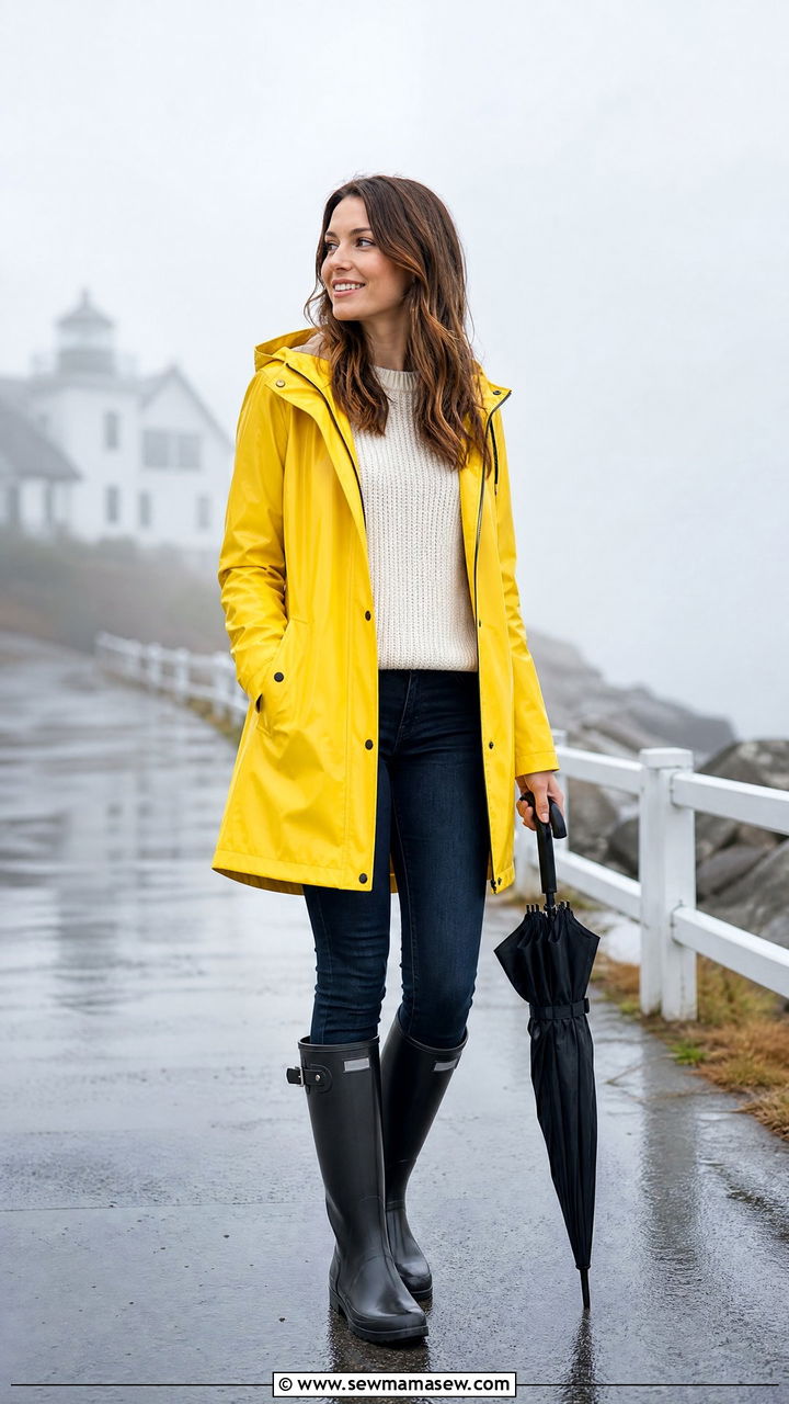 Raincoat with skinny jeans and tall rain boots - 25 Foggy day outfit ideas