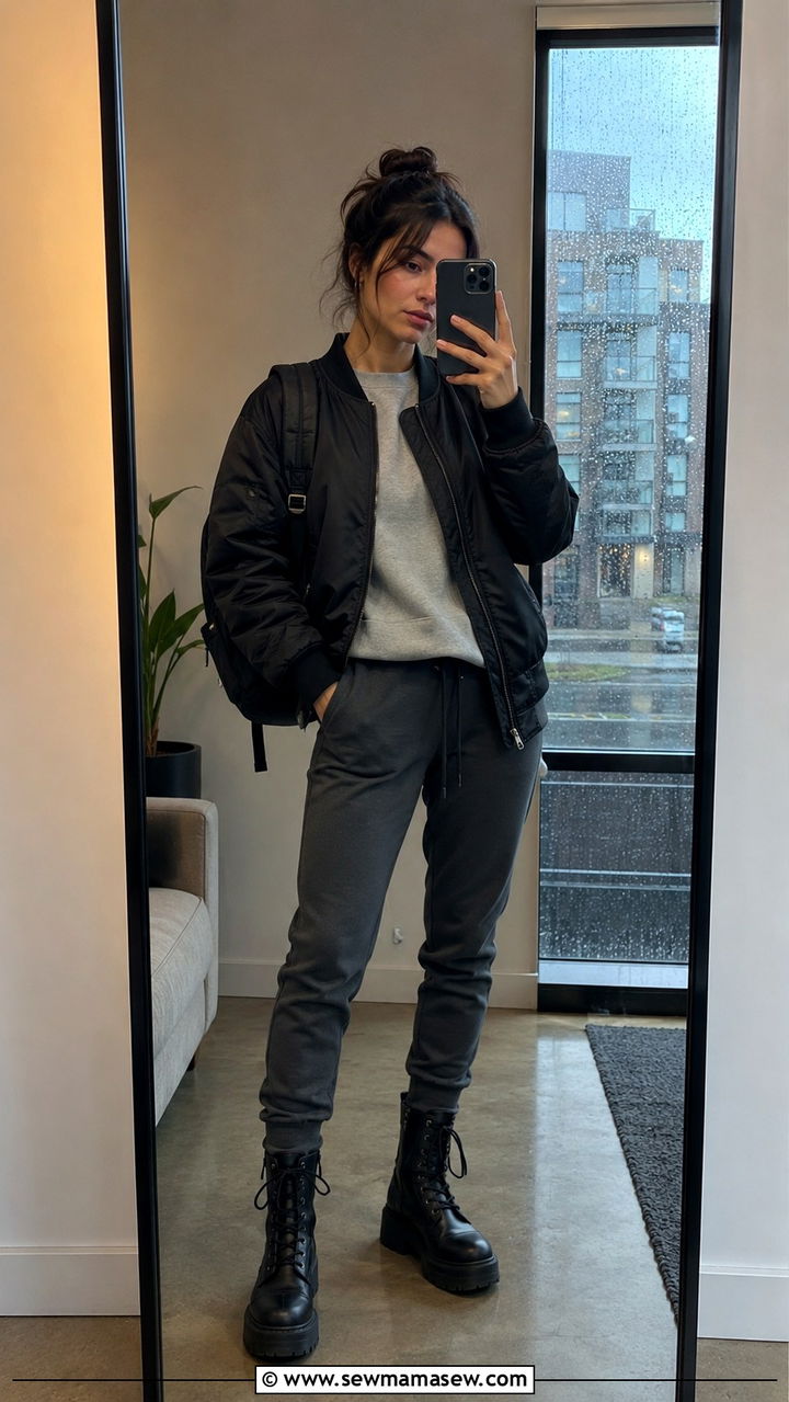 Rainy Day Bomber Jacket With Joggers Outfit - 30 cute rainy day outfits