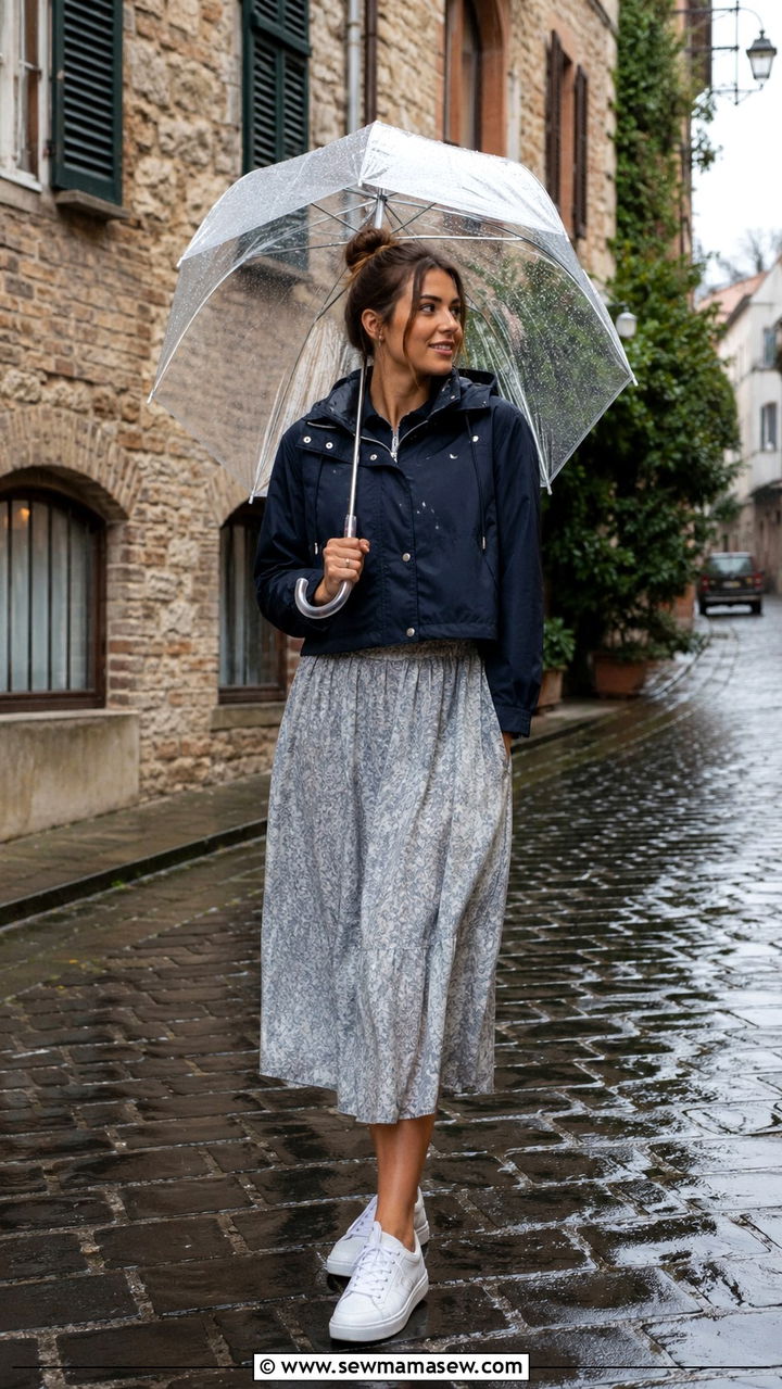 Rainy Day Cropped Rain Jacket With Midi Skirt - 30 cute rainy day outfits