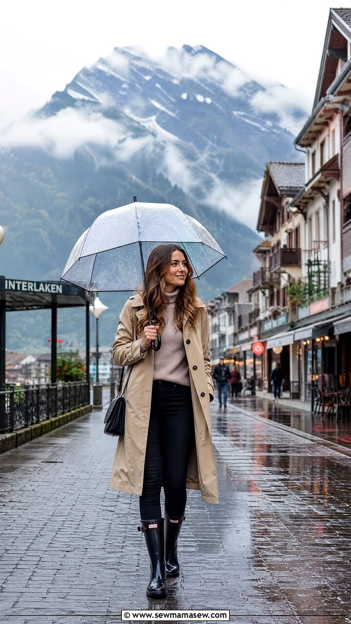 Rainy Day Interlaken Outfit with Waterproof Trench and Rain Boots - 25 Interlaken outfit ideas