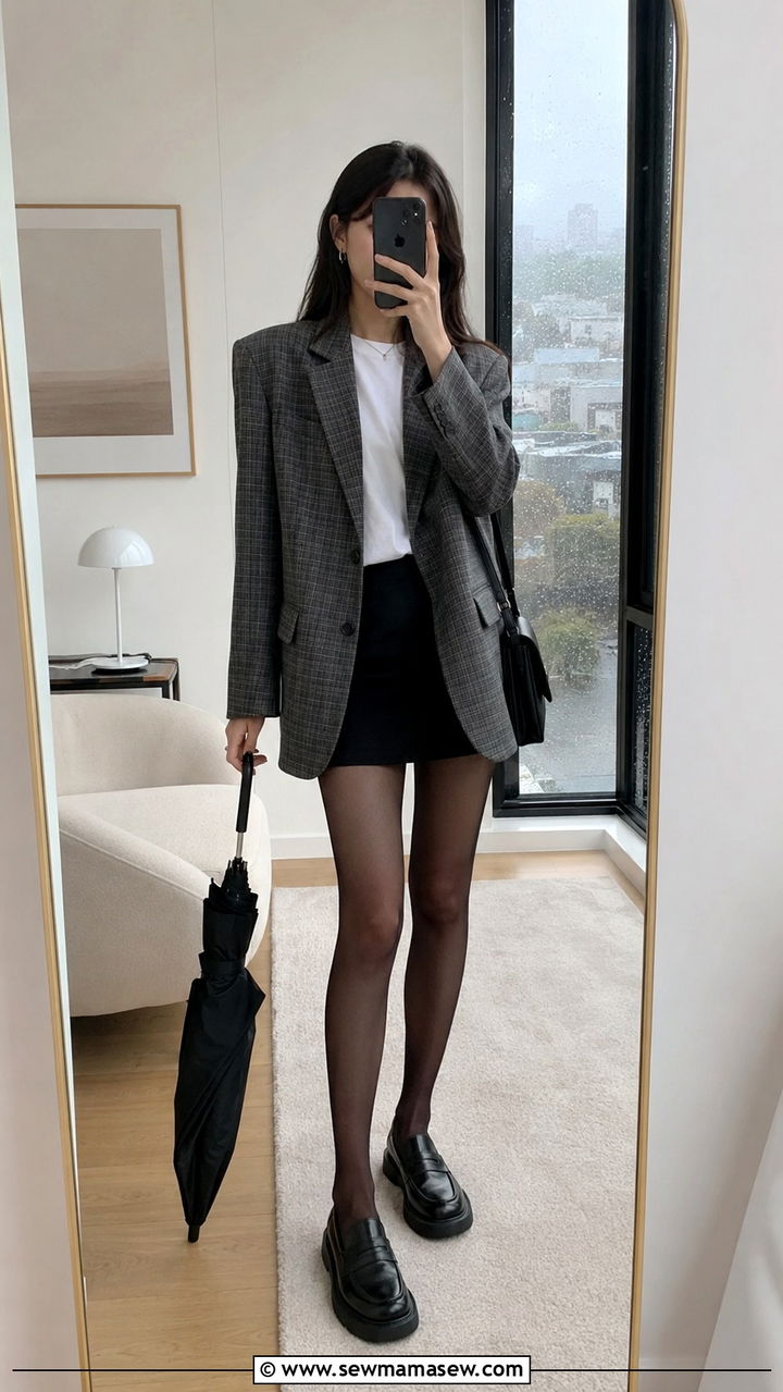 Rainy Day Oversized Blazer With Mini Skirt - 30 cute rainy day outfits