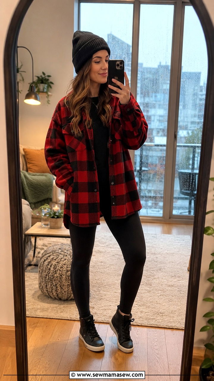 Rainy Day Plaid Shacket With Leggings Outfit - 30 cute rainy day outfits