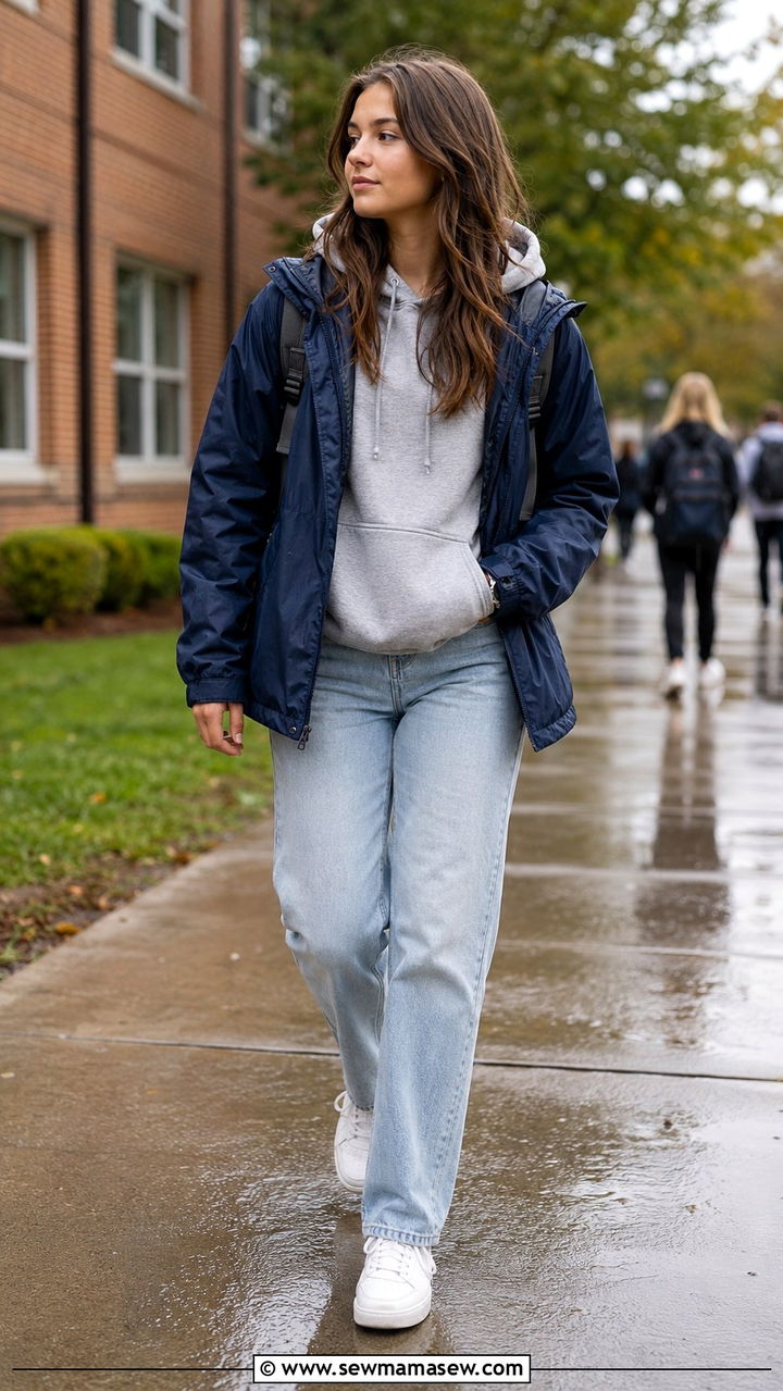 Rainy Day School Outfit With Hoodie and Waterproof Sneakers - 30 Rainy day school outfit ideas