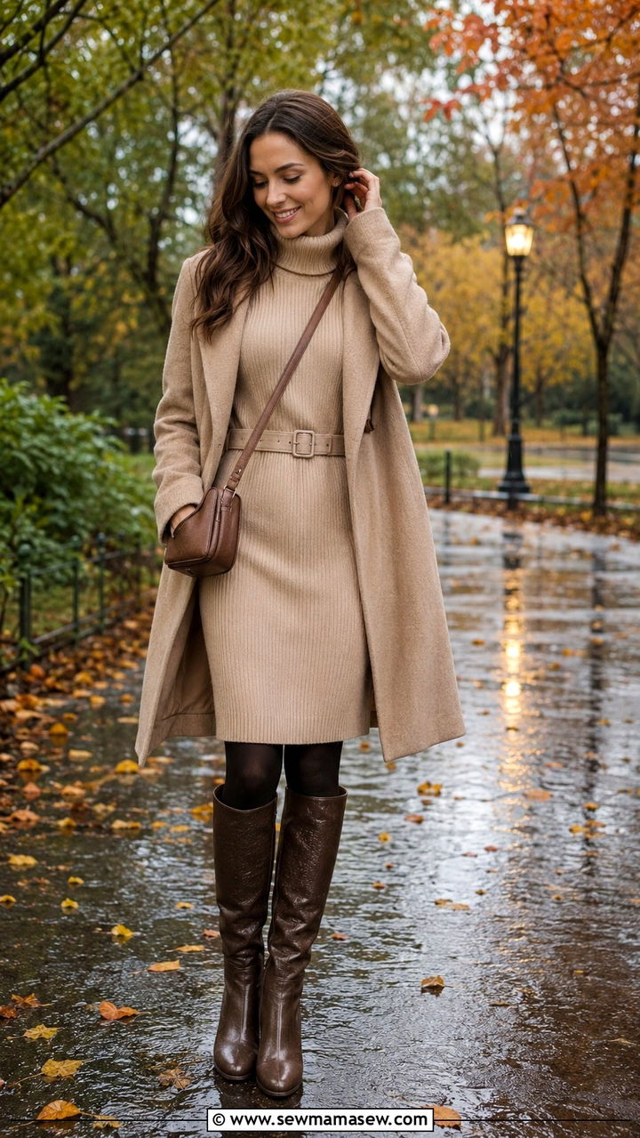 Rainy Day Sweater Dress With Knee High Boots - 30 cute rainy day outfits