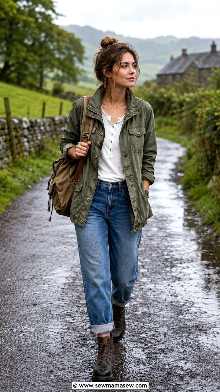 Rainy Day Utility Jacket With Rolled Cuff Jeans - 30 cute rainy day outfits