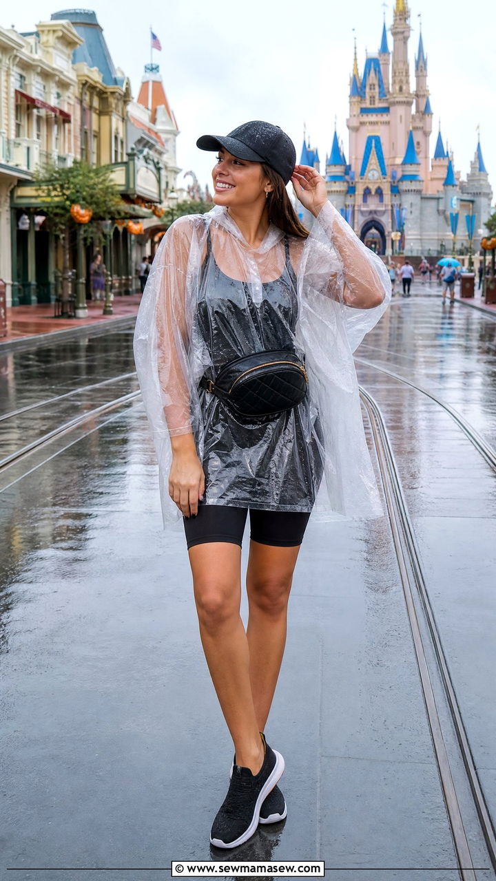 Rainy day clear poncho over biker shorts with waterproof sneakers - 30 Disney outfit ideas for honeymoon