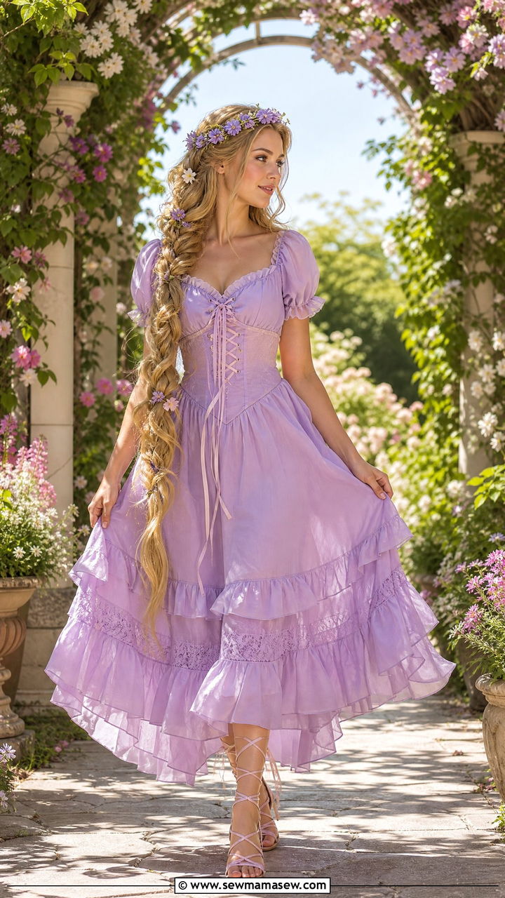 Rapunzel Inspired Lavender Dress With Floral Crown And Lace Up Sandals - 40 Disney trip outfit ideas