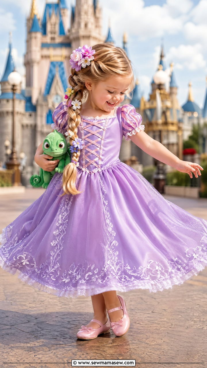 Rapunzel Purple Dress and Floral Hair Braid - 35 Disney outfit ideas for toddlers