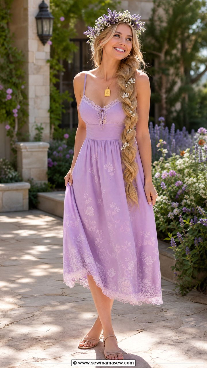 Rapunzel lavender sundress with floral crown - 30 Disney outfit ideas for honeymoon