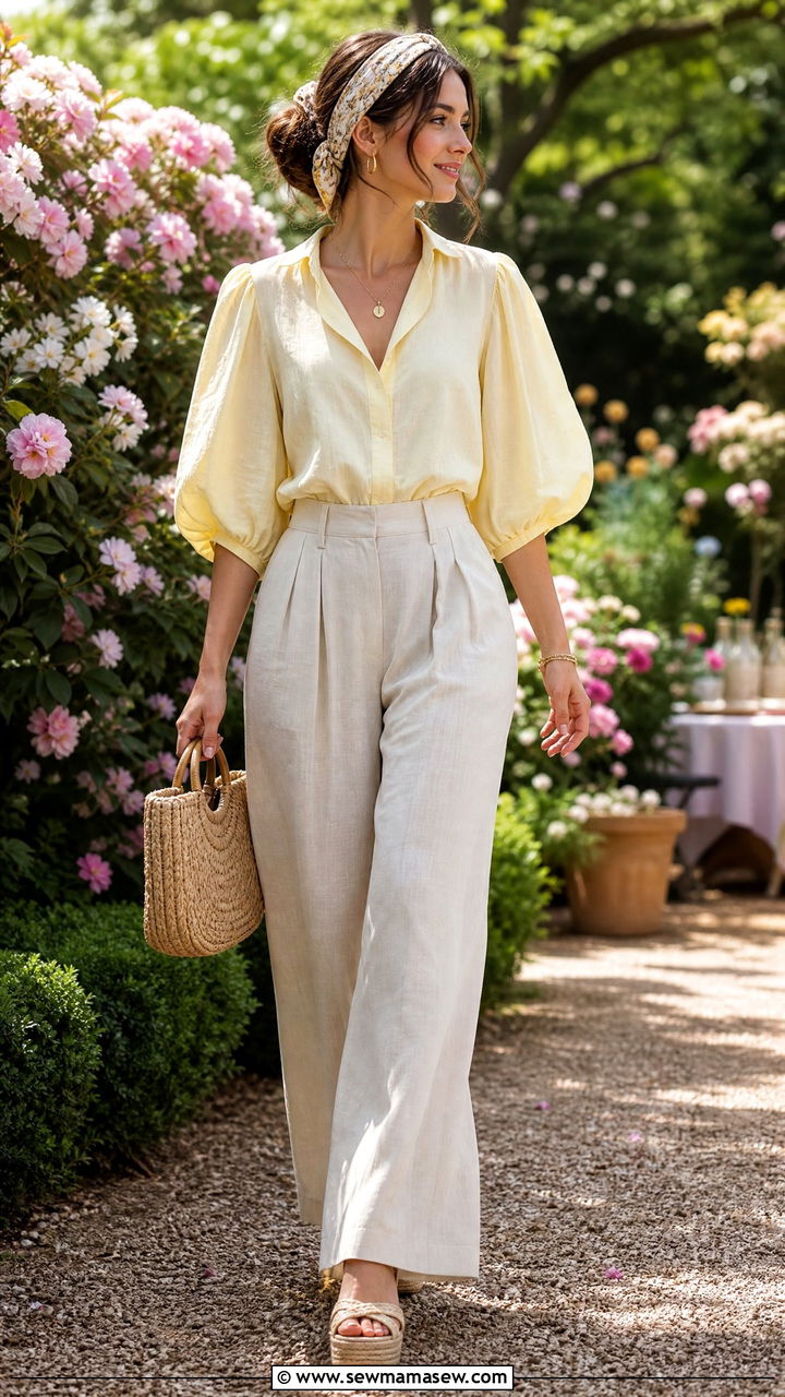 Ravioli Blouse Tucked Into Wide Leg Linen Pants - 30 summer trendy outfit ideas