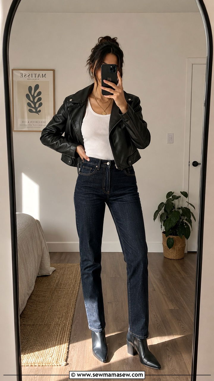 Raw Denim Jeans White Tank and Black Leather Jacket - 20 French girl outfit ideas Marion Cotillard