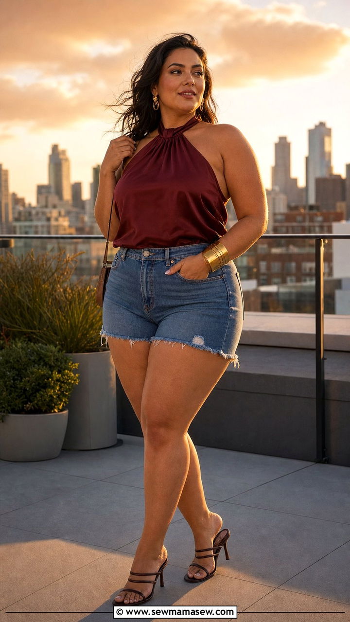 Raw Hem Denim Shorts with Halter Neck Top - 25 Denim shorts outfit ideas plus size