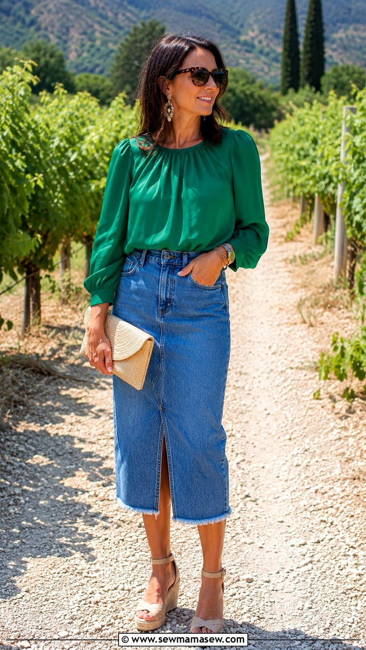 Raw Hem Denim Skirt With Colorful Blouse And Wedges - 20 denim skirt outfits for women over 40