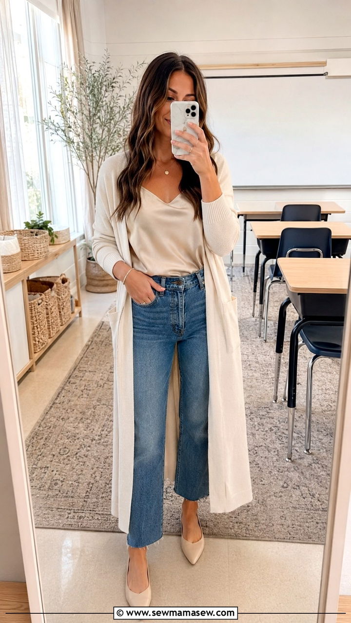 Raw Hem Jeans With Satin Camisole And Duster Cardigan - 30 Teacher outfits with jeans