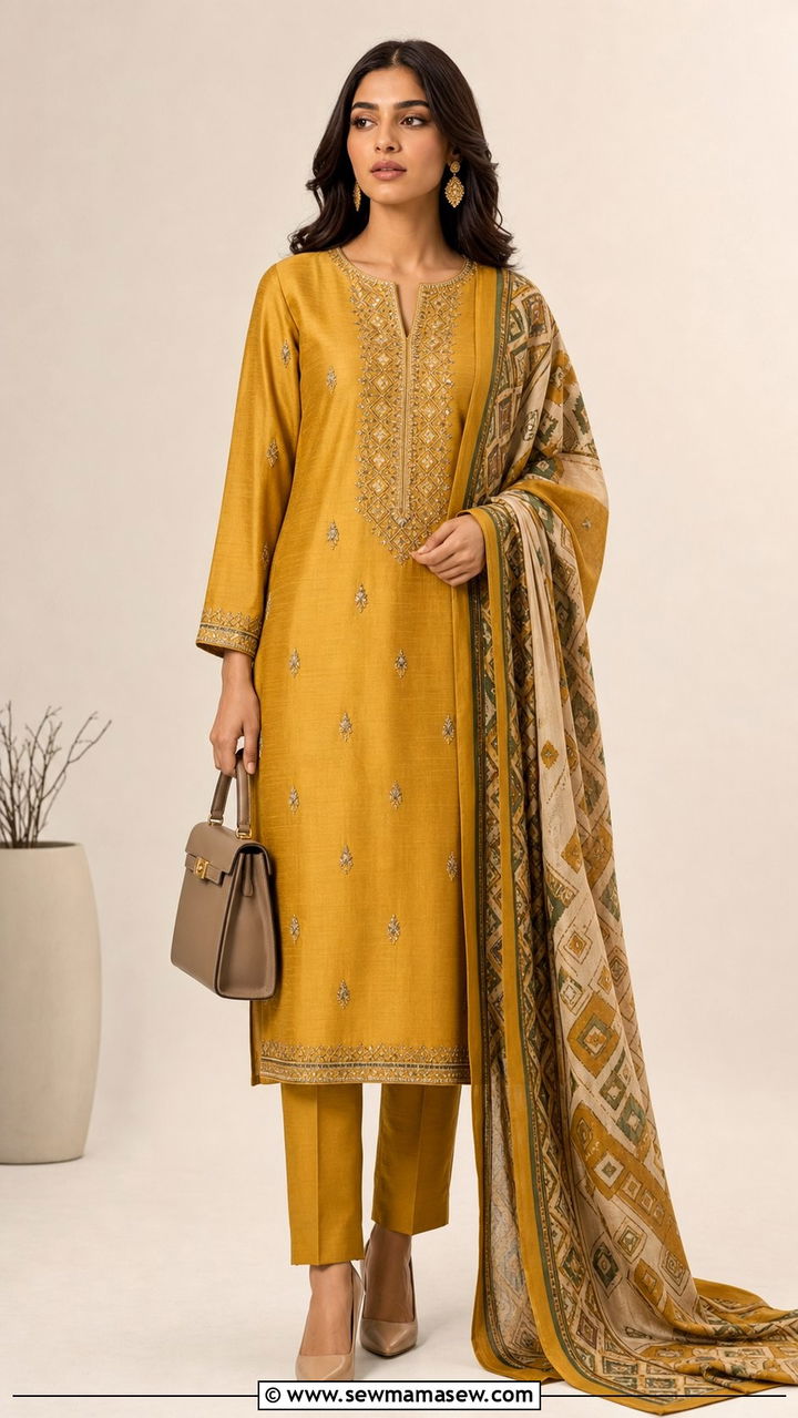Raw Silk Straight Suit with Printed Dupatta - 25 Eid outfit ideas Pakistani