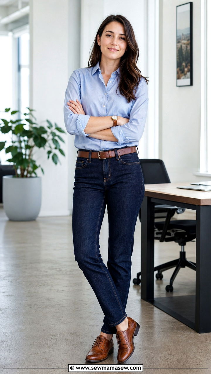 Raw denim jeans with Oxford shirt and brogues - 30 Raw denim jeans outfit ideas