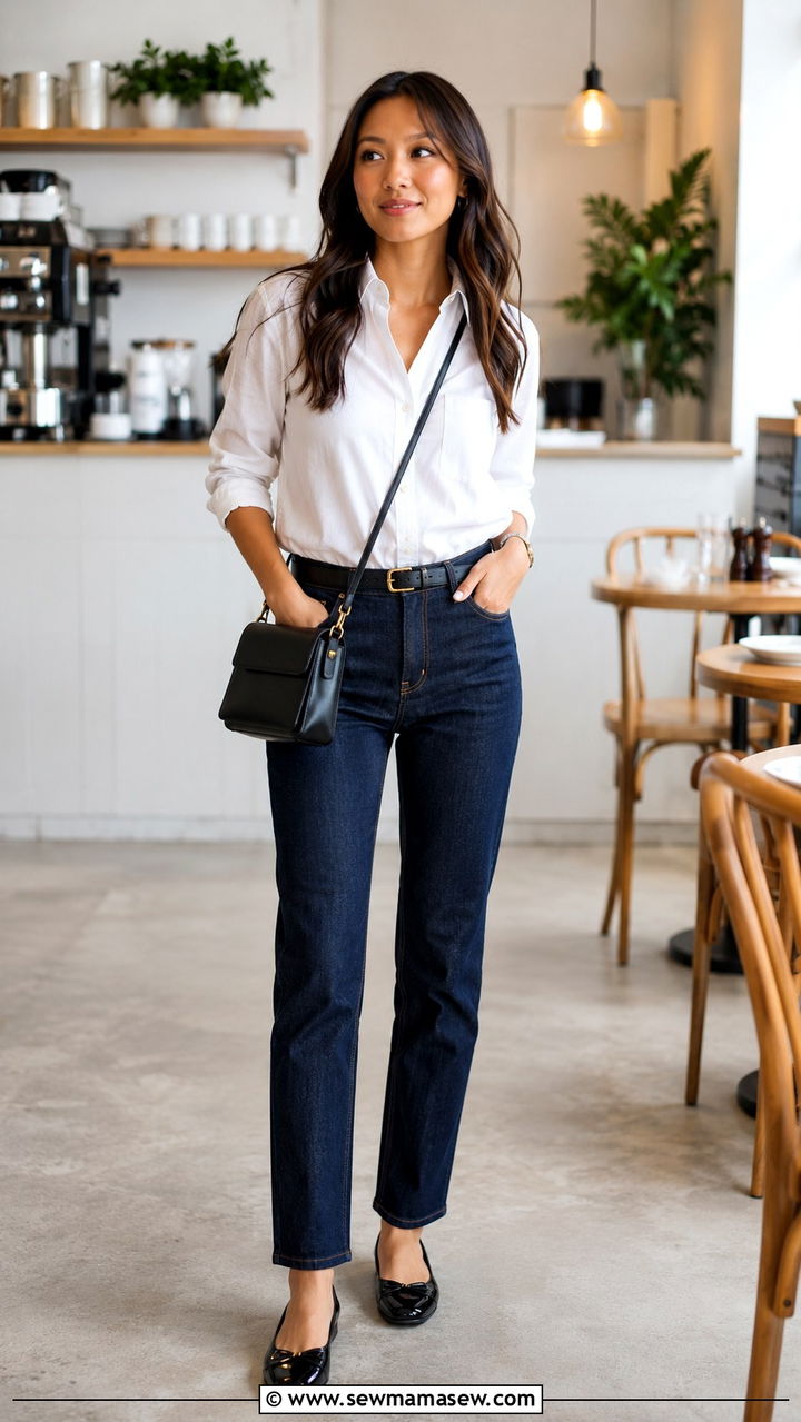 Raw denim jeans with button down shirt and ballet flats - 30 Raw denim jeans outfit ideas