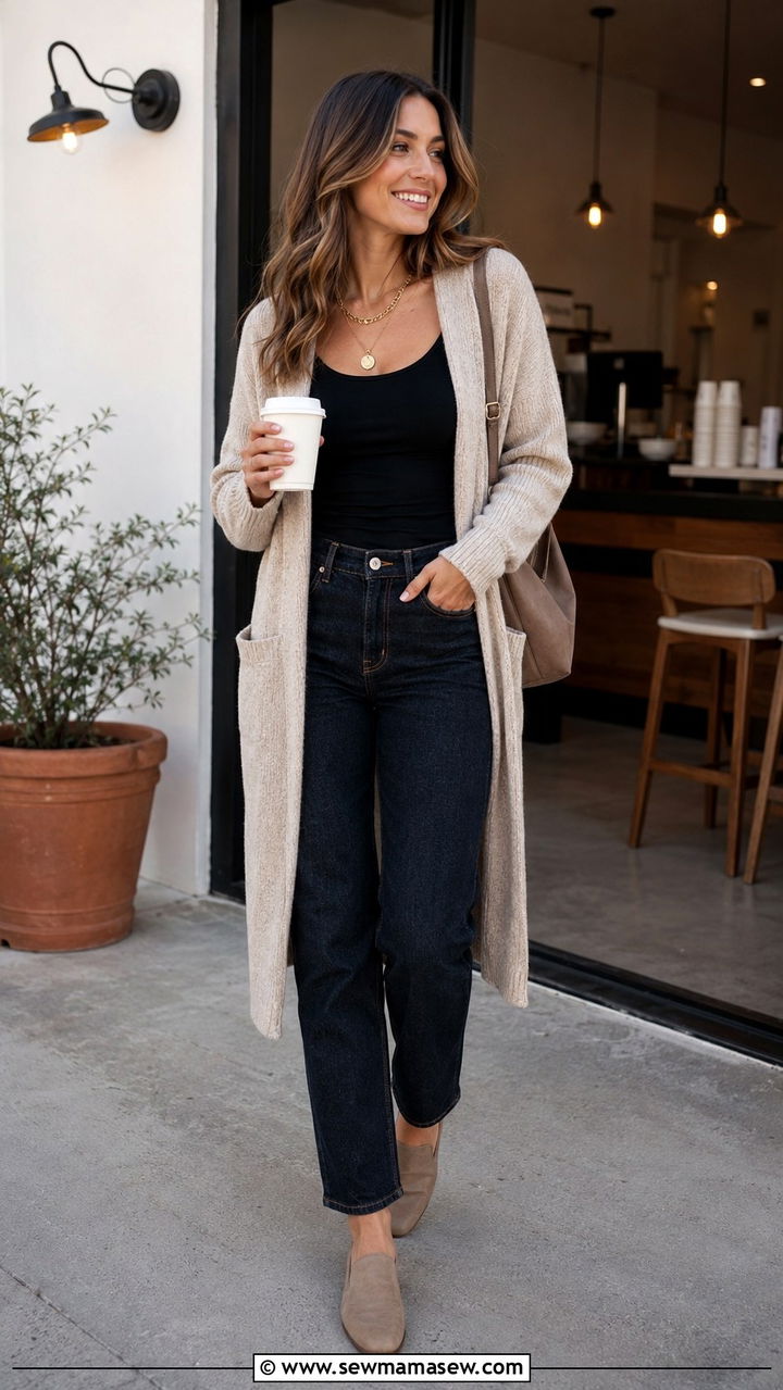 Raw denim jeans with cardigan and mules - 30 Raw denim jeans outfit ideas