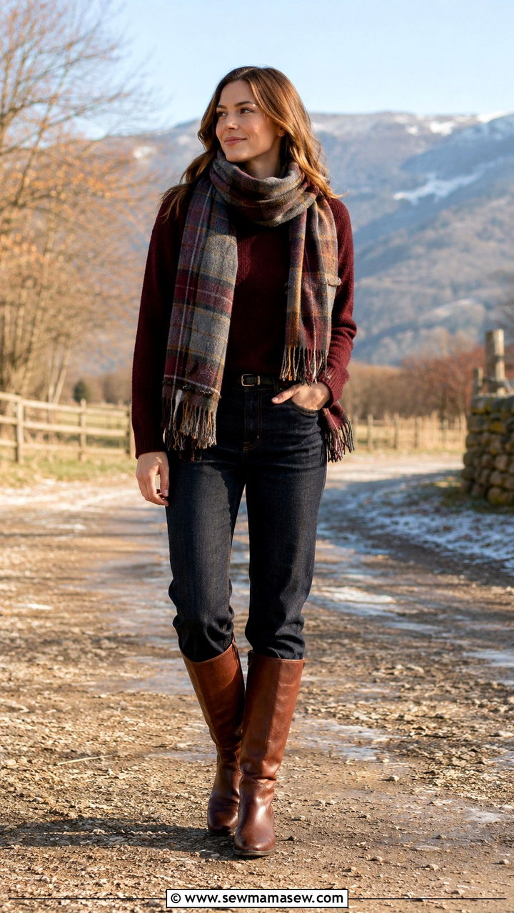 Raw denim jeans with cashmere sweater and riding boots - 30 Raw denim jeans outfit ideas