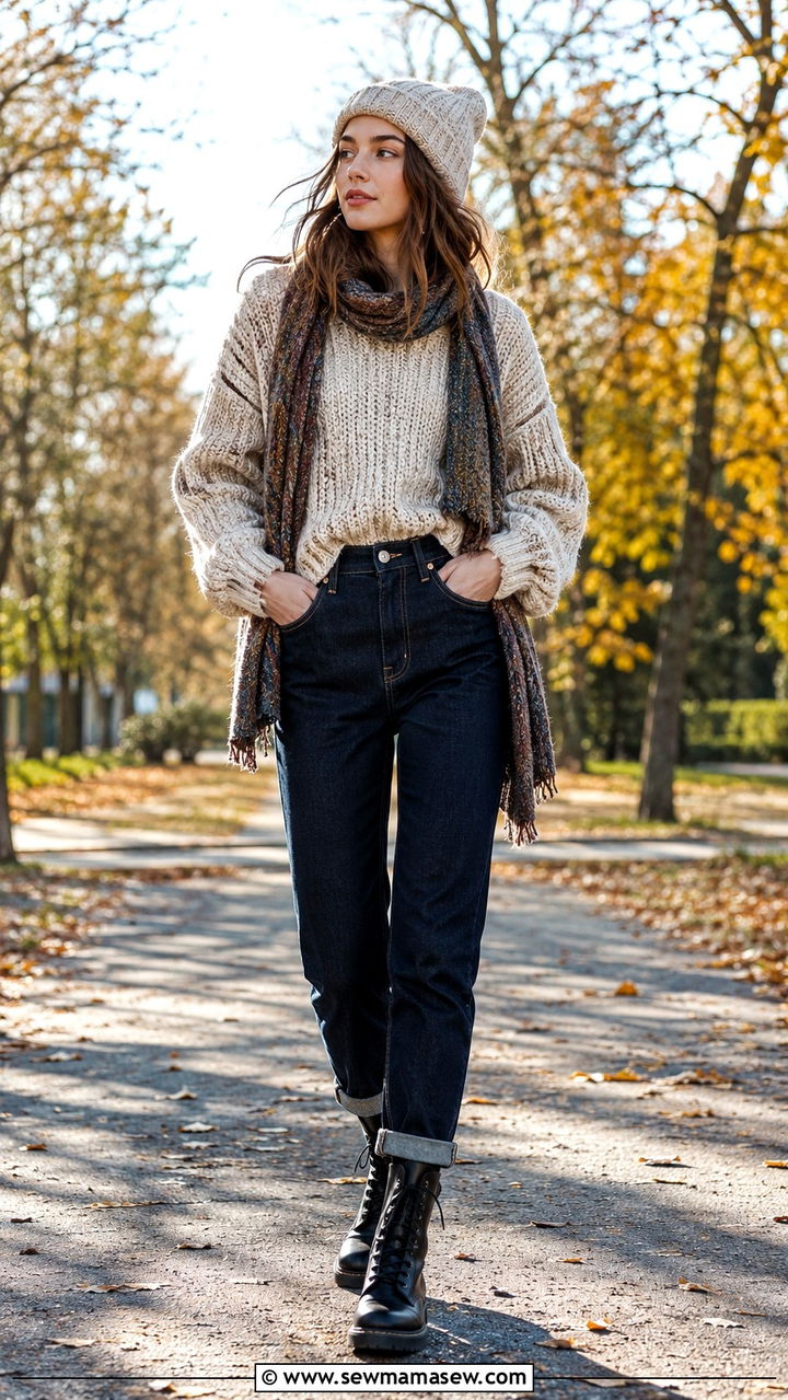 Raw denim jeans with chunky knit sweater and combat boots - 30 Raw denim jeans outfit ideas