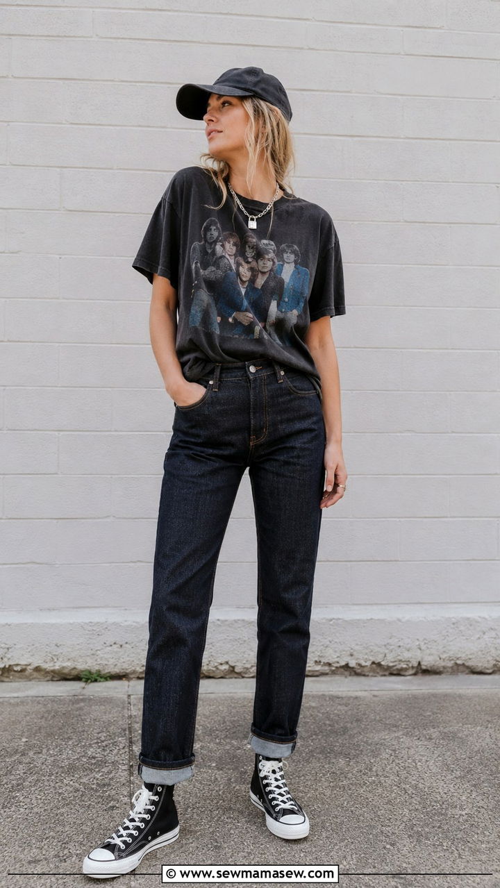Raw denim jeans with graphic tee and high top sneakers - 30 Raw denim jeans outfit ideas