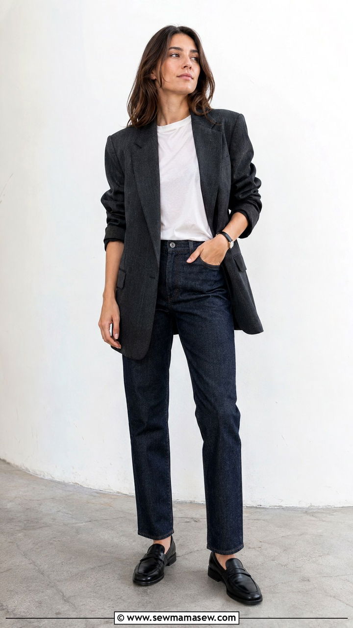 Raw denim jeans with oversized blazer and loafers - 30 Raw denim jeans outfit ideas