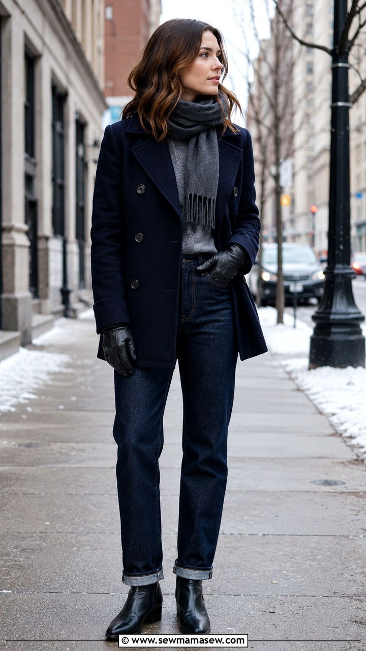 Raw denim jeans with peacoat and leather ankle boots - 30 Raw denim jeans outfit ideas
