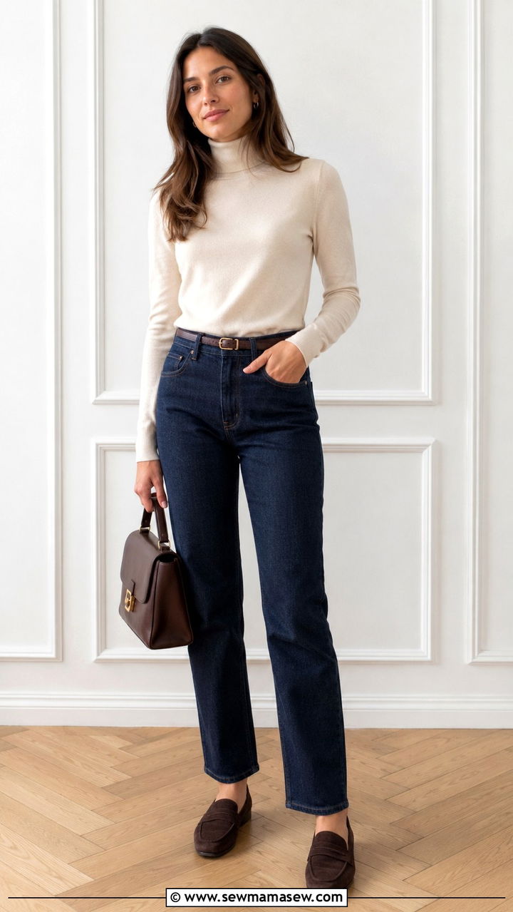 Raw denim jeans with polo neck and suede loafers - 30 Raw denim jeans outfit ideas