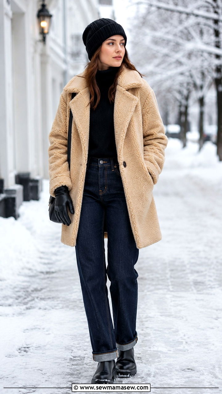 Raw denim jeans with shearling coat and lug sole boots - 30 Raw denim jeans outfit ideas