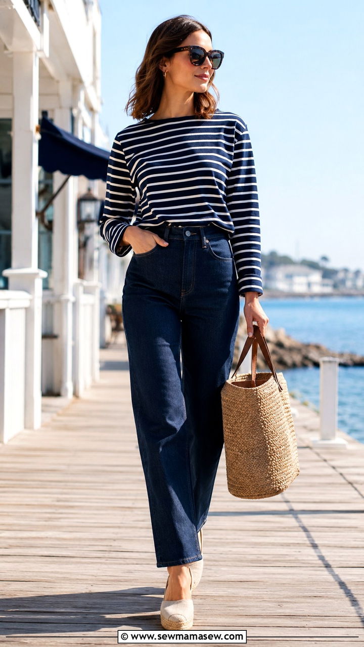 Raw denim jeans with striped tee and espadrilles - 30 Raw denim jeans outfit ideas