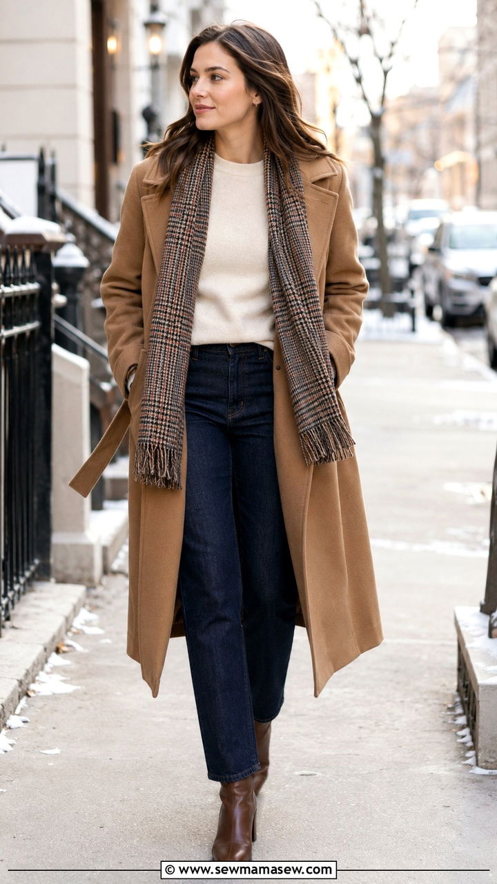 Raw denim jeans with wool coat and scarf - 30 Raw denim jeans outfit ideas