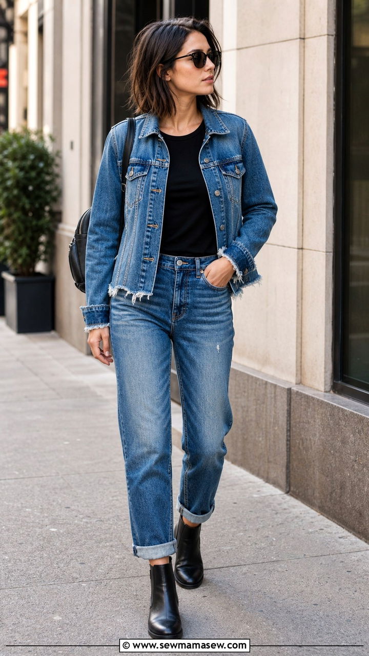 Raw hem denim jacket and cuffed straight jeans - 40 Denim on denim outfit ideas