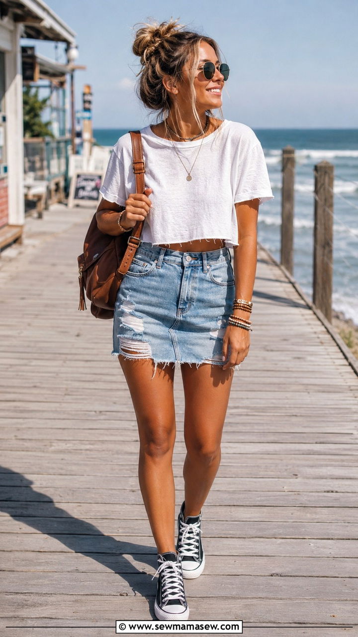 Raw hem tee with distressed denim mini skirt outfit - 30 Mini skirt outfit ideas with a tee