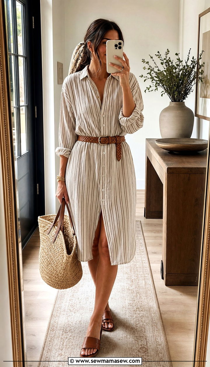 Rayon Shirt Dress With Woven Belt And Mule Sandals - 25 Summer outfits for humid weather