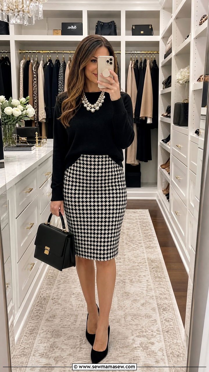 Realtor outfit with houndstooth skirt and sweater - 30 Realtor outfit ideas