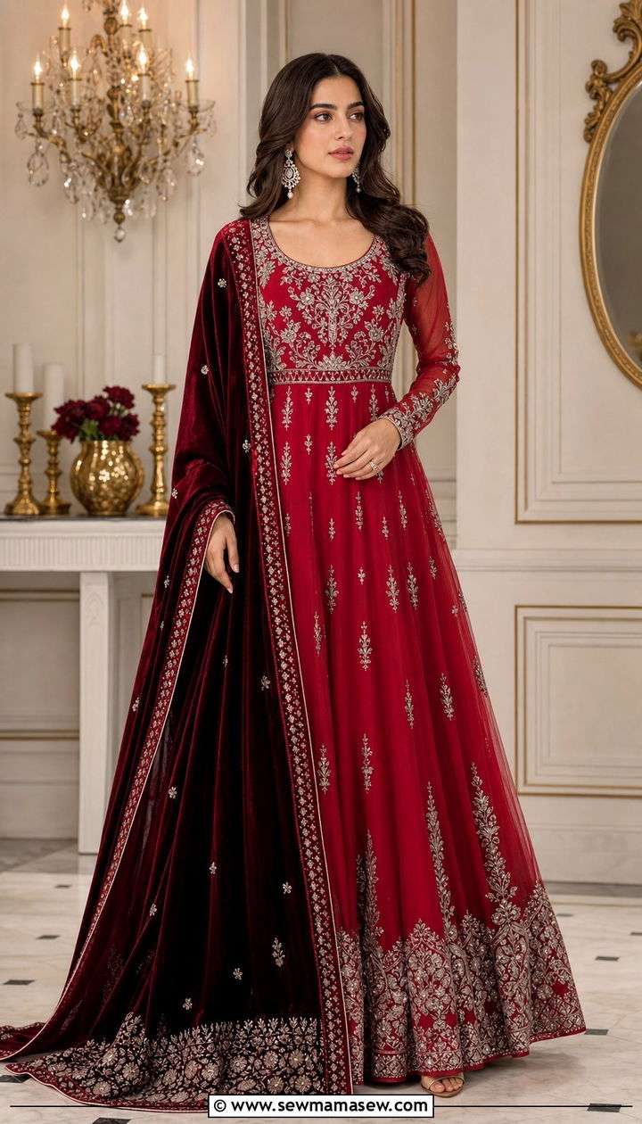 Red Anarkali Suit with Heavy Velvet Dupatta - 25 Eid outfit ideas Pakistani