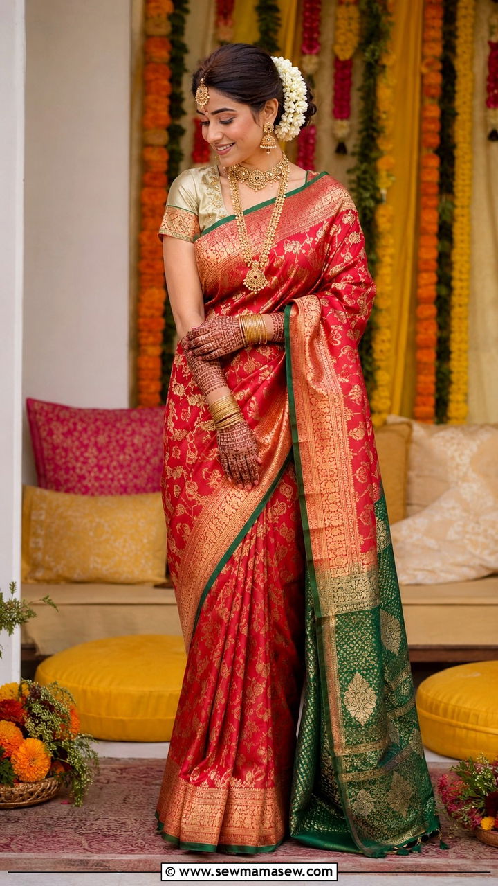 Red And Green Banarasi Silk Saree - 30 Mehndi outfit ideas