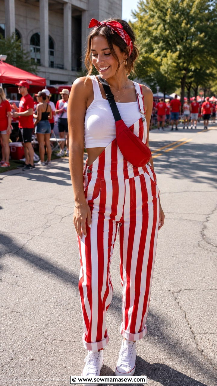 Red And White Striped Overalls Gameday Outfit - 20 Gameday outfit ideas Wisconsin