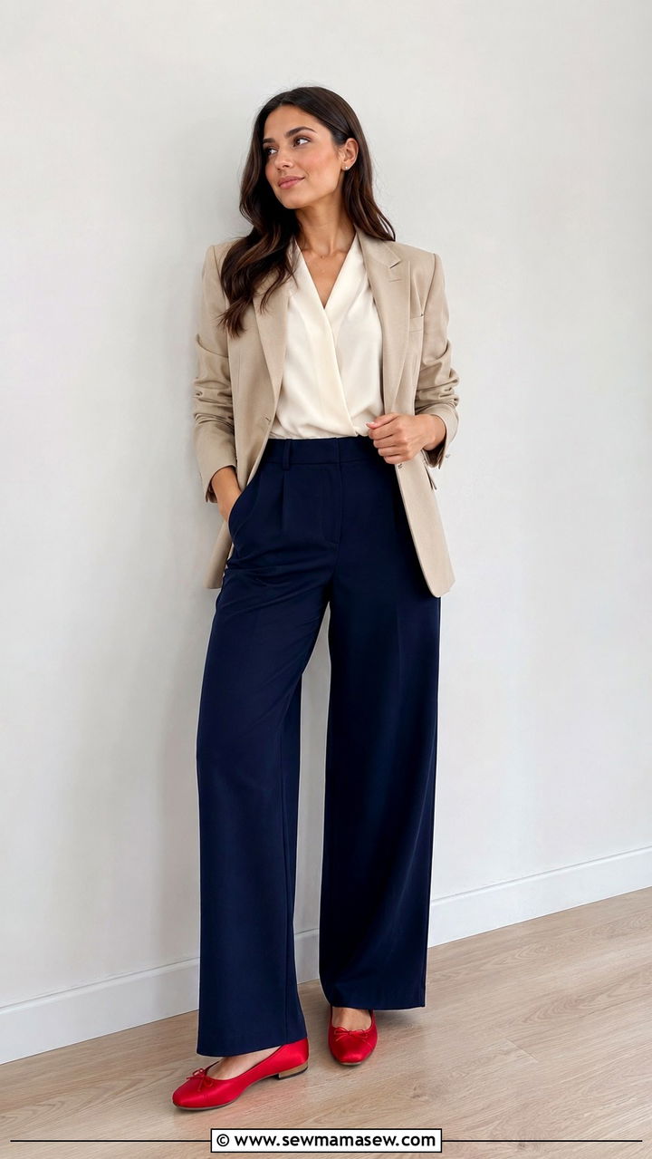 Red Ballet Flats With Neutral Workwear - 30 How to style ballet flats