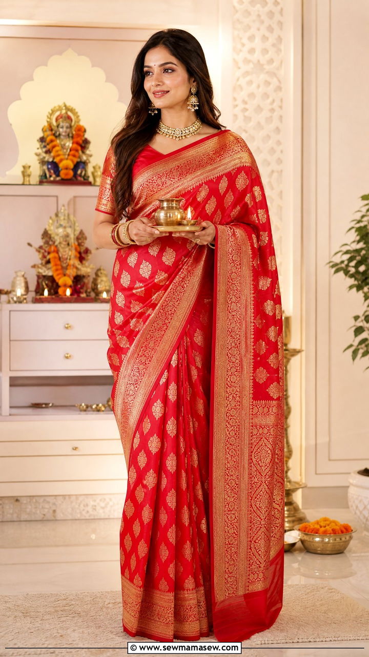 Red Banarasi Saree for Karwa Chauth - 25 Karwa Chauth outfit ideas