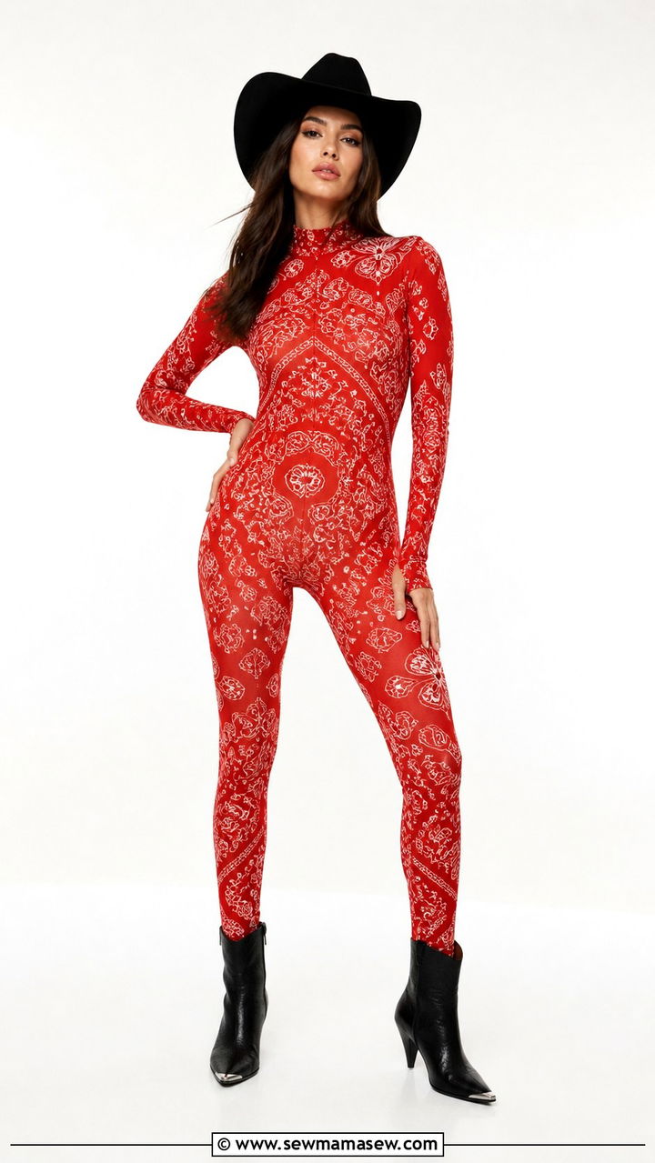 Red Bandana Print Catsuit With Cowboy Hat - 40 Beyonce Cowboy Carter outfit ideas