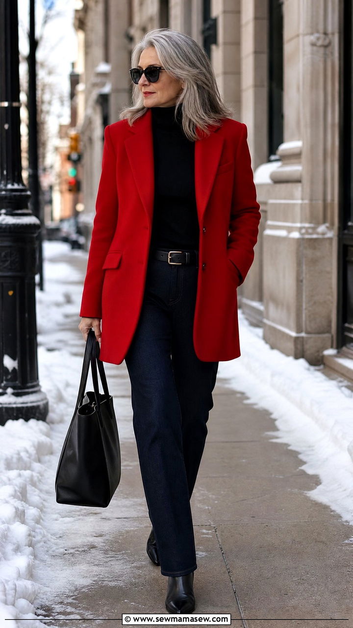 Red Blazer Coat with Dark Denim - 25 How to style a blazer over 50