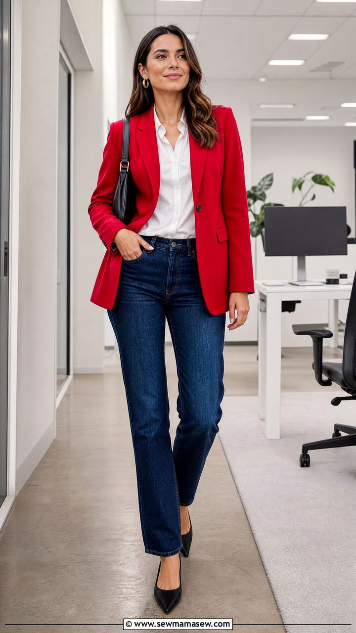 Red Blazer Office Outfit with Jeans - 25 Business casual outfits with blazer
